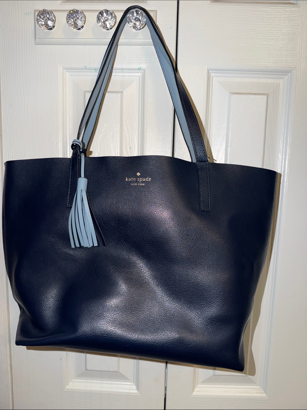 kate spade Navy Leather Tote with Light Blue Tassel
